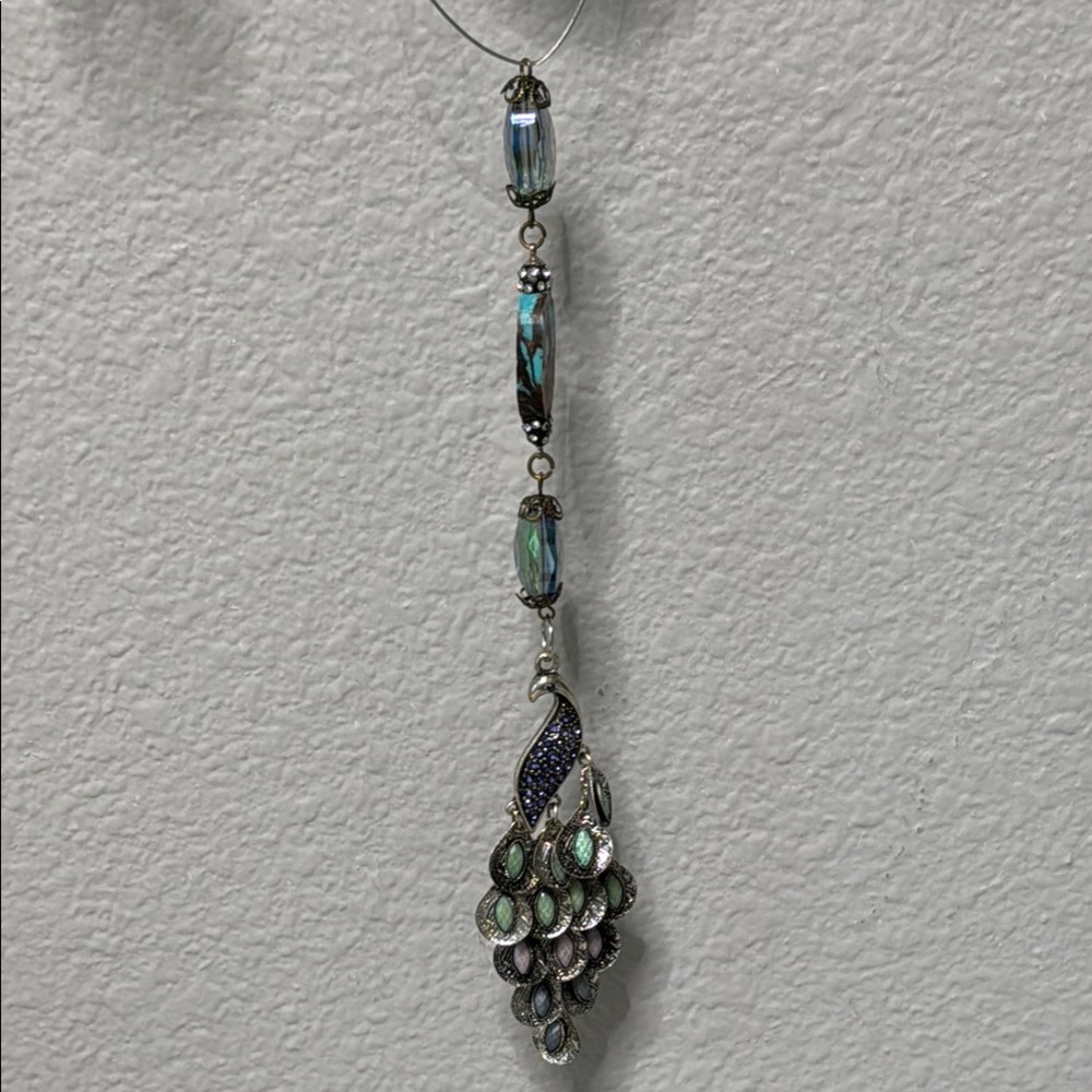 Elegant Silver and Blue Peacock Rear View Mirror Hanger - Picture 7 of 9